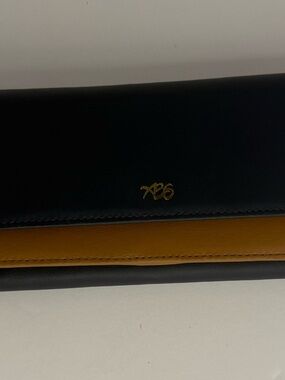 ABS Always Be Secure Navy and Camel Leather Walet with Gold Logo